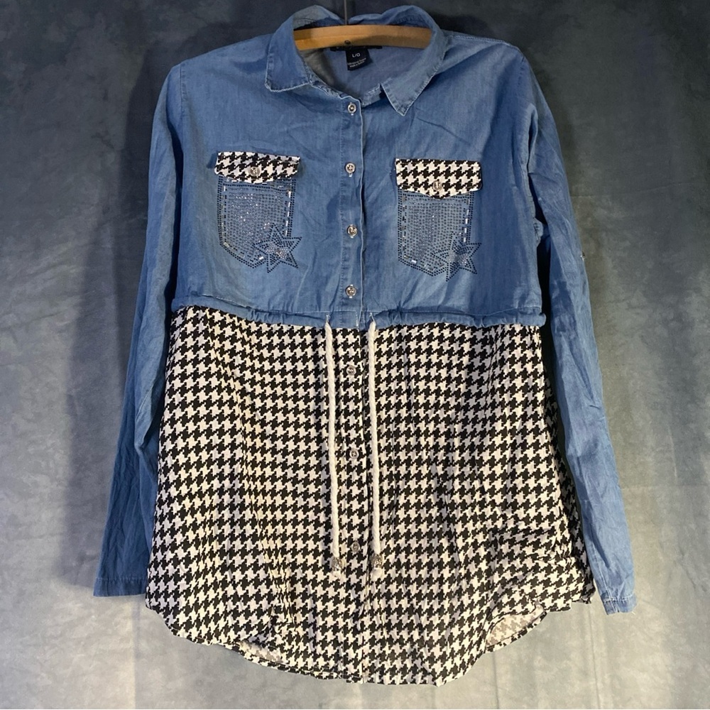 Michael Tyler Long Sleeve‎ Embellished Denim Style Layered Look Shirt Size Large
